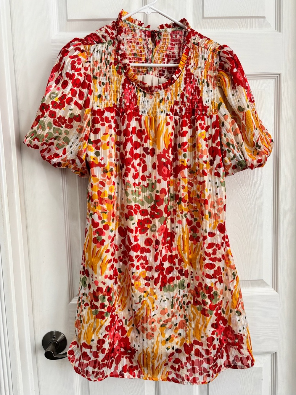 Floral Smocked Puff Sleeve Mini Dress - Red & Yellow